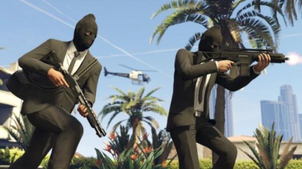 GTA o<em></em>nline screenshot showing two men in suits and balaclavas carrying shotguns.