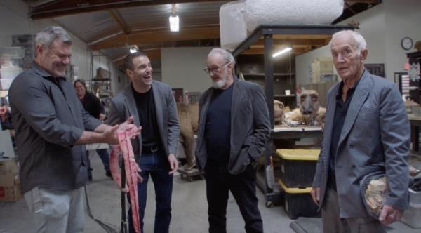 A photo of banker and props collector Tom Biolchini along with mo<em></em>nster maker Alec Gillis, Robert Englund and Lance Henriksen in Gillis' studio.