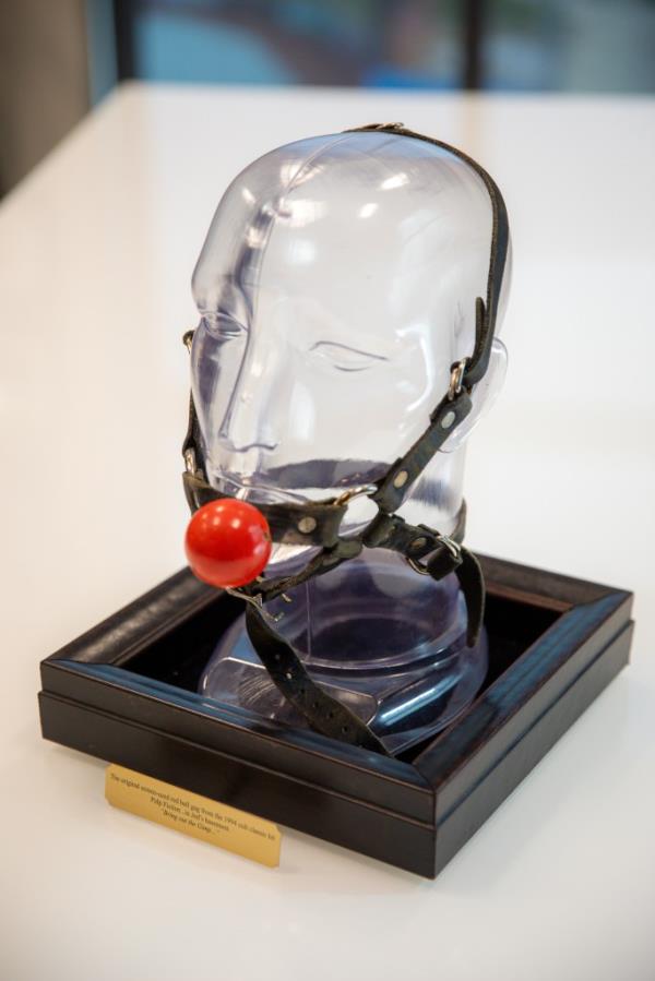 A photo of the ball gag prop from the 