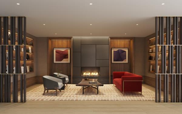 The development has plenty of amenity spaces on tap for residents, such as this library den.