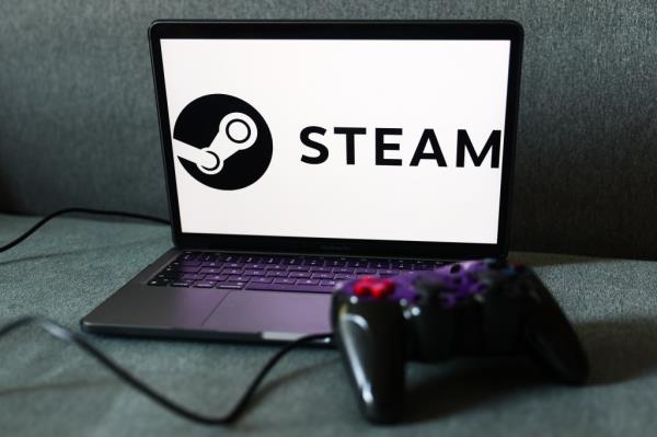 Steam logo displayed on a laptop screen