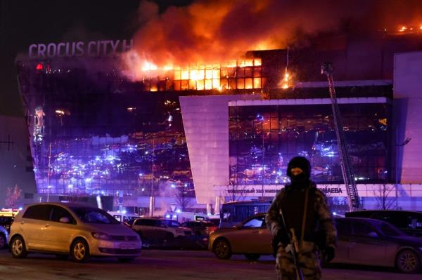 The Crocus City Hall is set a blaze after gunmen stormed the co<em></em>ncert venue, killing at least 93 people inside on March 22.