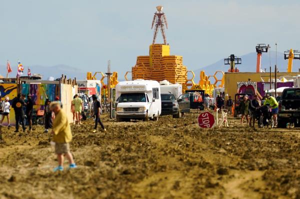 The Man structure, which is normally burned on Saturday night, looms over the Burning Man encampment.