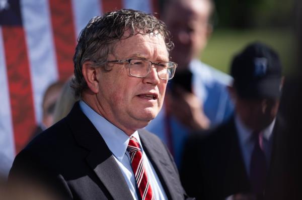 Rep. Thomas Massie (R-Ky.) speaks during a press co<em></em>nference outside the US Capitol expressing their intent to vote for a motion to vacate against Speaker of the House Mike Johnson next week.
