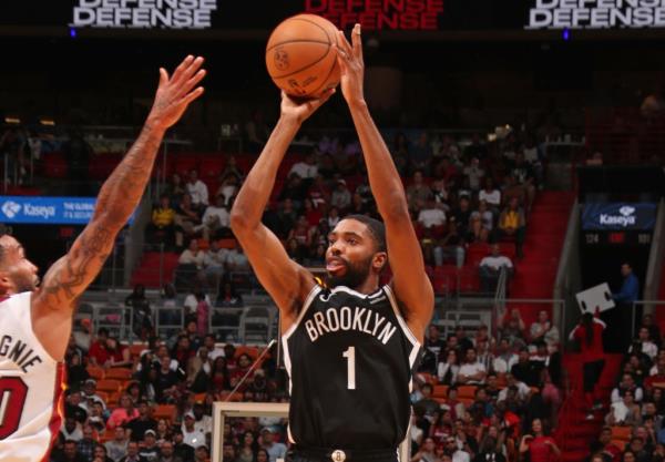 Mikal Bridges, who scored 11 points, shoots a jumper during the Nets' preseason win.