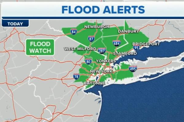 Weather map shows flood a<em></em>lerts through NYC and the NorthEast.
