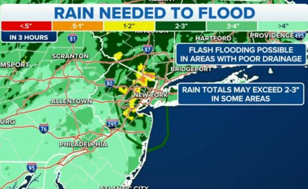Weather map shows how many inches tri-state area will get on Saturday, noting flash flooding possible and rain may exceed 2 to 3 inches in some areas.