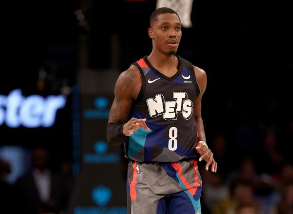 Lo<em></em>nnie Walker IV #8 of the Brooklyn Nets celebrates his three point shot in the first half against the Philadelphia 76ers.