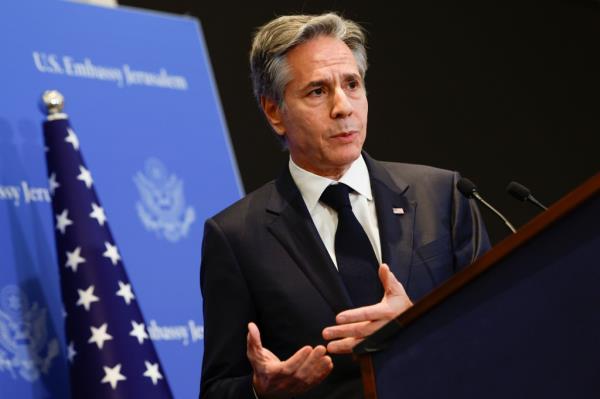 U.S. Secretary of State Antony Bl<em></em>inken answers questions during a press co<em></em>nference in Tel Aviv.
