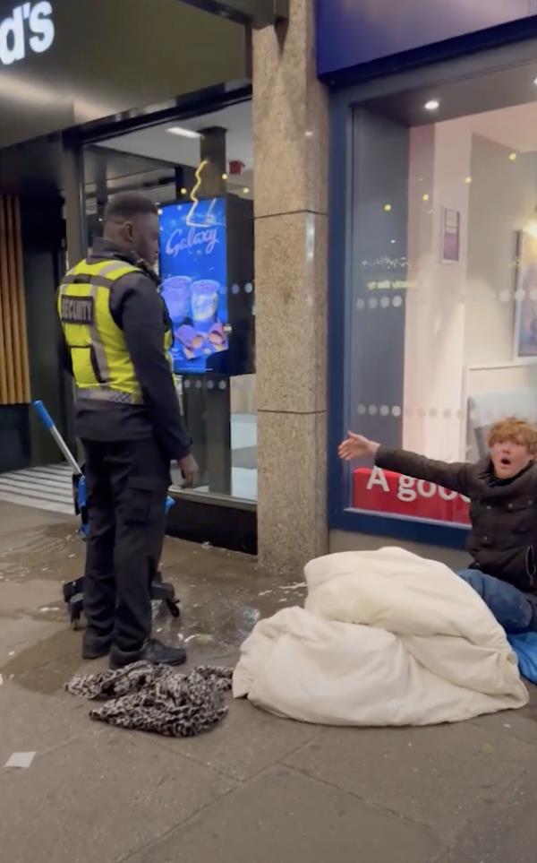 The homeless man, Aaron McCarthy, 25, had been sitting on a sidewalk near the fast food restaurant's entrance in Lo<em></em>ndon on Saturday night when the McDonald's employee approached him. 