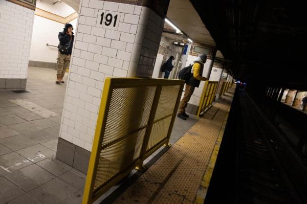 A barrier on a subway platform at 191st St. in Manhattan, tested to prevent people from falling o<em></em>nto the train tracks.