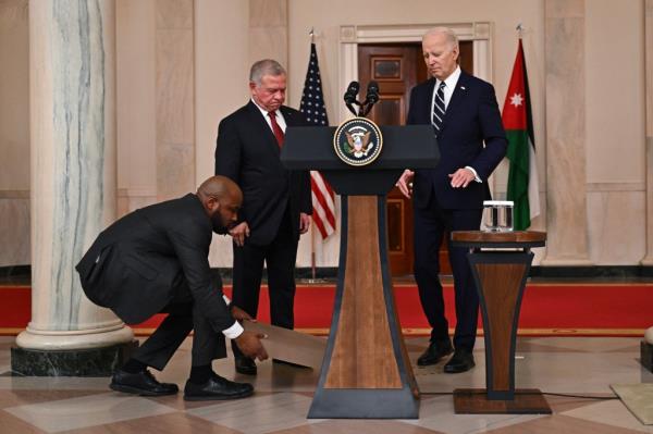 King Abdullah II of Jordan walks to the lectern to speak after meeting with US President Joe Biden in the Cross Hall of the White House in Washington, DC, on February 12, 2024. 