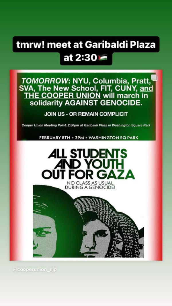 Screenshot of Instagram story from Cooper Unio<em></em>n Students for Justice in Palestine post advertising rally 