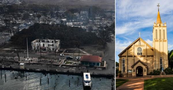 The Maria Lanakila Church remains standing after devastating wildfires destroyed much of the town of Lahaina