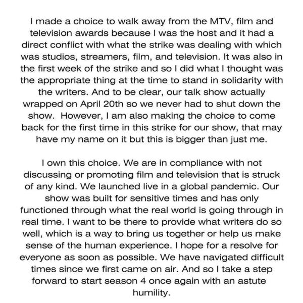 Photo of Drew Barrymore's statement. 