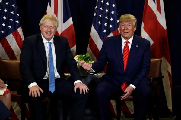 Former President Do<em></em>nald Trump and then British Prime Minister Boris Johnson meet at the United Nations General Assembly on Sept. 24, 2019.