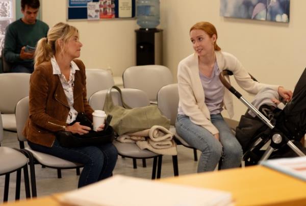 Charity and Chloe wait in a hospital waiting area in Emmerdale