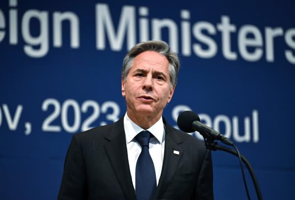 US Secretary of State Antony Bl<em></em>inken speaks during a joint press co<em></em>nference with South Korean Foreign Minister Park Jin after their meeting at the foreign ministry in Seoul, South Korea on Nov. 9, 2023.