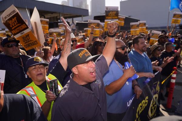 UPS Teamsters and workers hold a rally in downtown Los Angeles in July.