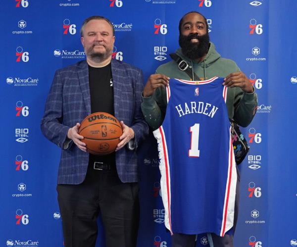 Daryl Morey, President of Basketball Operations poses for a photo with James Harden #1 of the Philadelphia 76ers during a press co<em></em>nference on February 15, 2022 at Philadelphia 76ers Training Complex in Camden, New Jersey.  