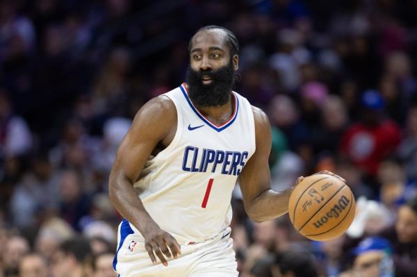 LA Clippers guard James Harden (1) dribbles the ball Philadelphia 76ers during the third quarter at Wells Fargo Center on March 27, 2024. 