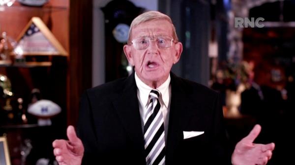Lou Holtz, former head football coach at the University of Notre Dame, speaks during the largely virtual 2020 Republican Natio<em></em>nal Co<em></em>nvention broadcast from Washington, U.S. August 26, 2020. 