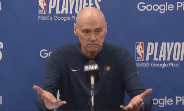 Rick Carlisle (R.) complains a<em></em>bout the refs after the Pacers' Game 2 loss to the Knicks on May 8, 2024.