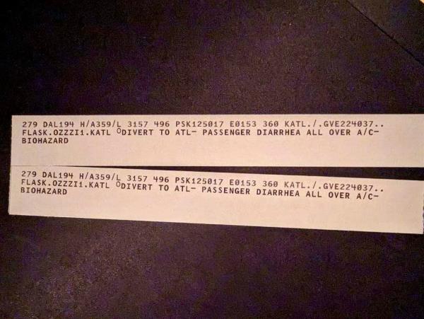 The FAA flight strip, posted online, noted it had to be diverted back to Atlanta after a passenger had diarrhea.