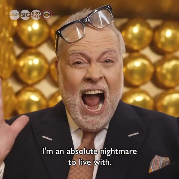 Gary Goldsmith, Kate Middleton's uncle, wearing glasses on his head, on set of 'Celebrity Big Brother' in the UK.