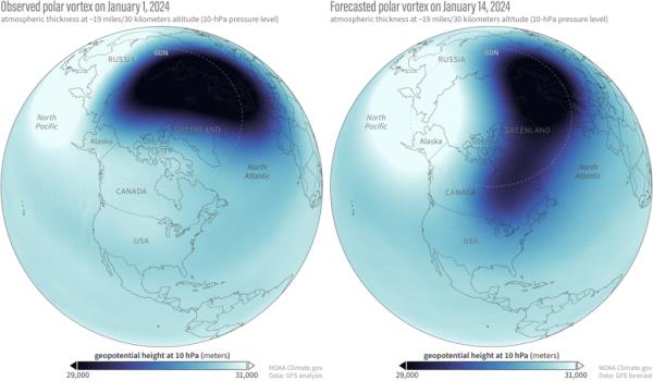 The polar vortex on the left was from January 1 and the right is the forecast for January 14 showing the cold air stretching south.