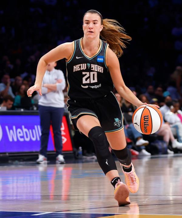 Sabrina Io<em></em>nescu #20 of the New York Liberty plays against the Washington Mystics at Barclays Center on September 10, 2023 in the Brooklyn borough of New York City.  