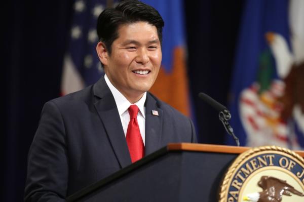 U.S. Attorney for the District of Maryland Robert Hur delivers remarks during Deputy Attorney General Rod Rosenstein's farewell ceremony at the Robert F. Kennedy Main Justice Building May 09, 2019 in Washington, DC.