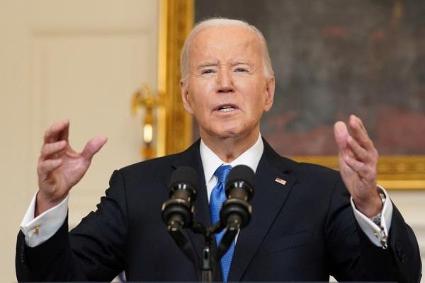 President Joe Biden speaks a<em></em>bout the aid package for Ukraine, from the State Dining Room of the White House in Washington, D.C., U.S., February 13, 2024.