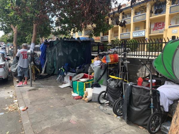 A homeless area on the street in the Tenderloin District of San Francisco, California on Thursday, August 17, 2023. 