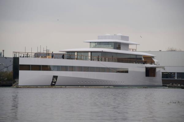 The yacht ordered by Apple's late founder Steve Jobs remains docked at the De Vries shipyard in Aalsmeer, the Netherlands, on October 29, 2012. 