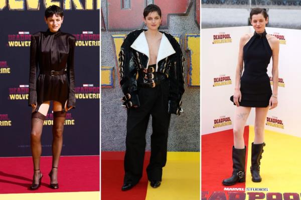 Collage featuring Emma Corrin promoting 'Deadpool & Wolverine', dressed in Saint Laurent by Anthony Vaccarello, Schiaparelli haute couture, and custom Miu Miu
