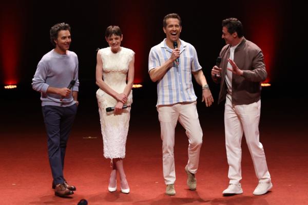 Emma Corrin, Shawn Levy, Ryan Reynolds and Hugh Jackman promoting Deadpool & Wolverine film at fan event in Rio de Janeiro