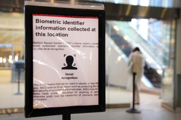 A photo of a sign at Madison Square Garden that acknowledges the venue uses facial recognition.