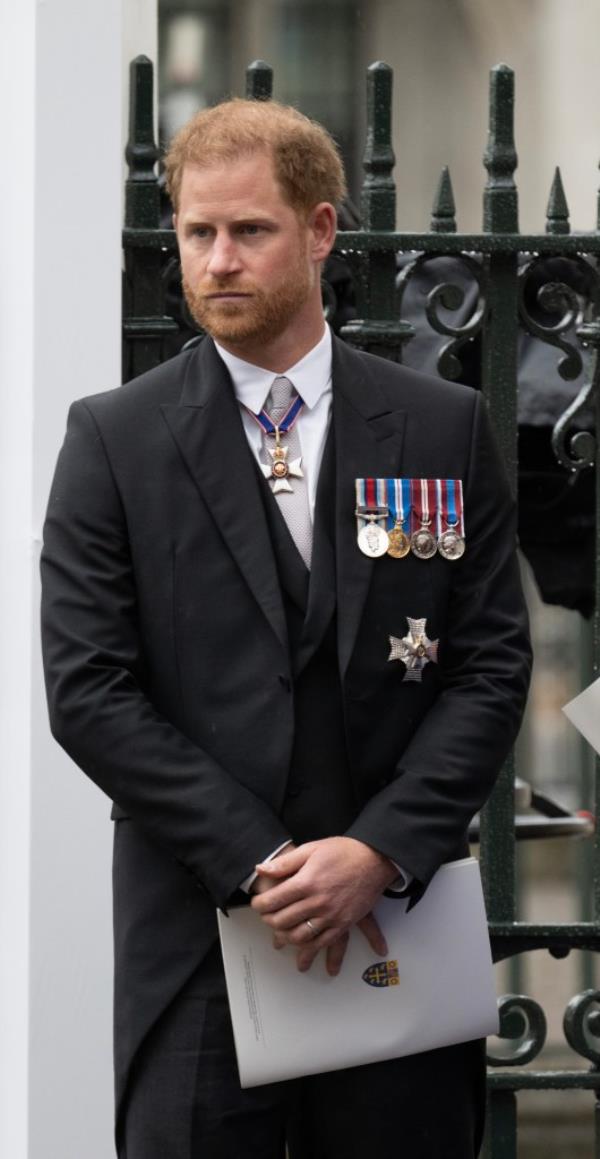Harry is seen wearing the four medals at his father King Charles' coro<em></em>nation last year.