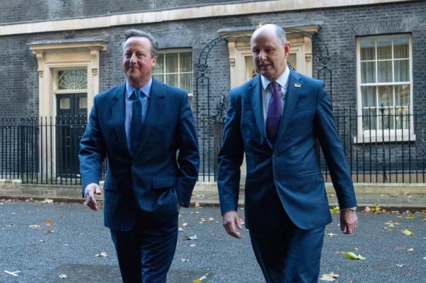 Britain's former Prime Minister, David Cameron is seen with Sir Philip Barton, the Permanent Under-Secretary of the Foreign, Commo<em></em>nwealth and Development Office, after being appointed Foreign Secretary in a Cabinet reshuffle on Nov. 13, 2023 in London. 