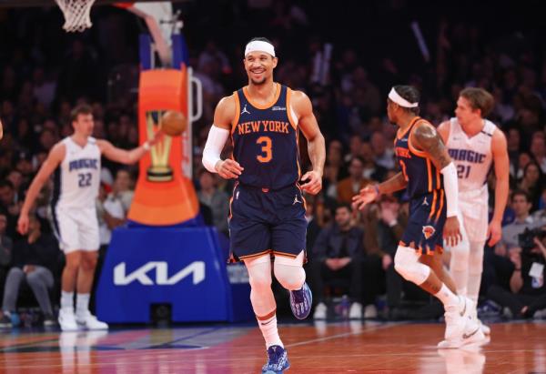 Josh Hart #3 of the New York Knicks is all smiles after hitting a shot during the second half when the New York Knicks defeated the Orlando Magic