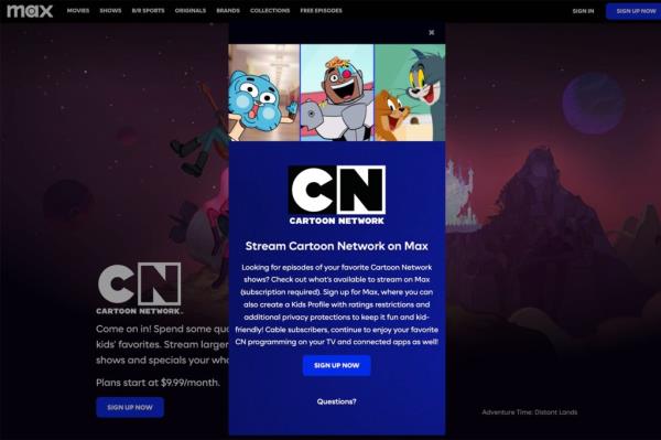 Screenshot of the Cartoon Network website shutdown notification by Warner Bros. Discovery redirecting visitors to the Max website