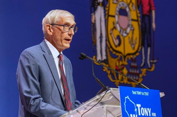 Wisco<em></em>nsin Democratic Gov. Tony Evers makes his acceptance speech on Nov. 9,