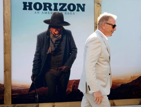 Kevin Costner in front of a Horizon poster