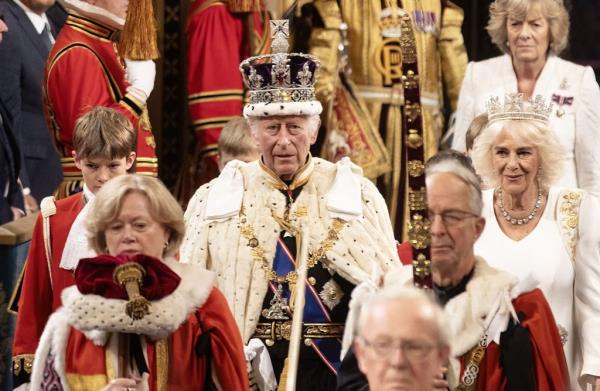 King Charles III and Queen Camilla in full royal robes at the State Opening of UK Parliament, London, July 17, 2024