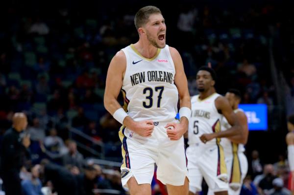New Orleans Pelicans forward Matt Ryan reacts after making a 3-point basket against the Detroit Pistons during the first half of an NBA basketball game in New Orleans, Thursday, Nov. 2, 2023.