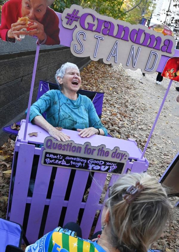 Grandma Sharon Fitzpatrick, 78, has a laugh at the the Grandma Stand at Central Park West and W.63rd St.