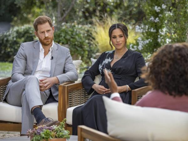 Prince Harry and Meghan, The Duchess of Sussex, sitting and co<em></em>nversing with Oprah Winfrey for a CBS Primetime Special interview