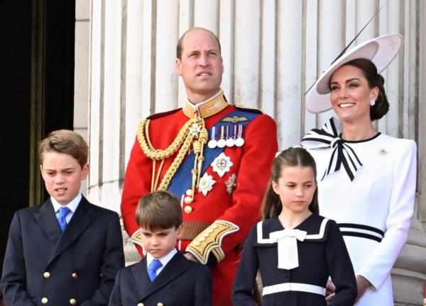 Members of the royal family including Prince William, Prince George, Prince Louis, Princess Charlotte, and Kate Middleton attending the Trooping the Colour ceremony in London, 2024.