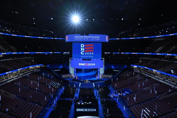 View of the stage and audience at the Democratic Natio<em></em>nal Co<em></em>nvention in the United Center, Chicago, Illinois, on August 19, 2024